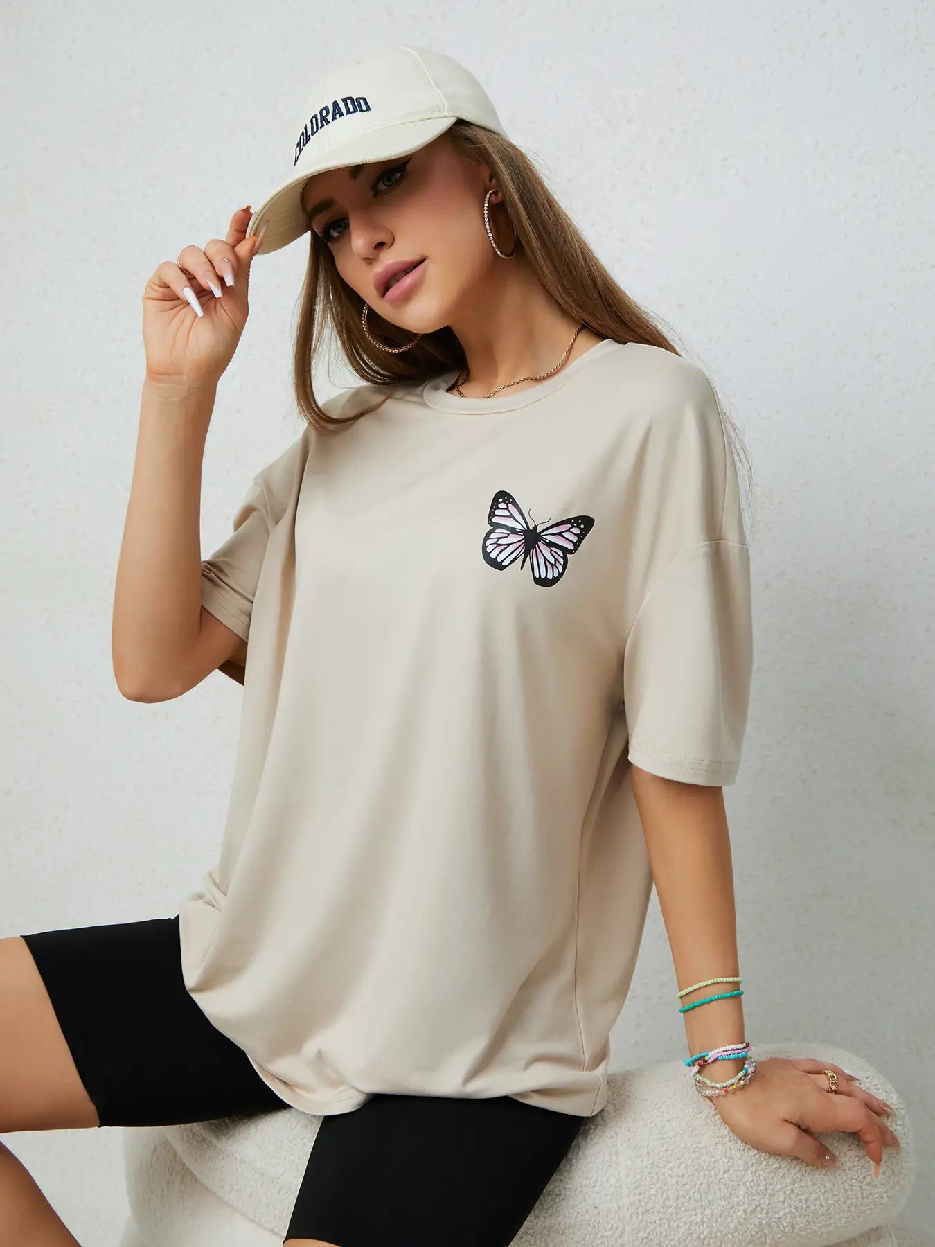 Elengatine Butterfly Printing Causal Drop Shoulder Tee