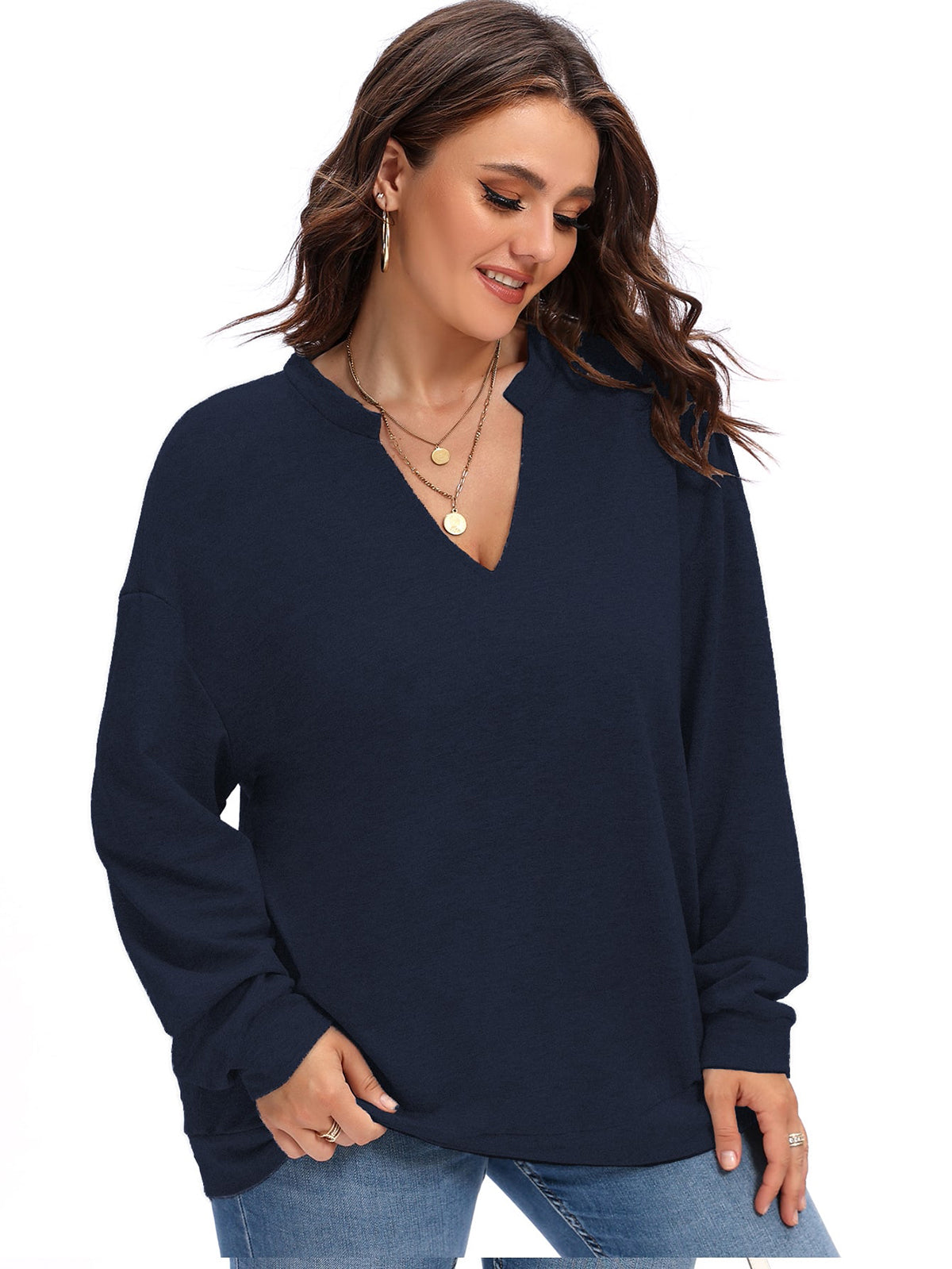 Elengatine Plus Solid V Neck Drop Shoulder Top