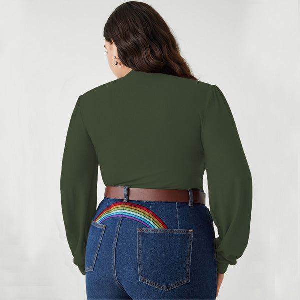 Elengatine Plus Size Long-sleeved Green Top V-neck Fashion