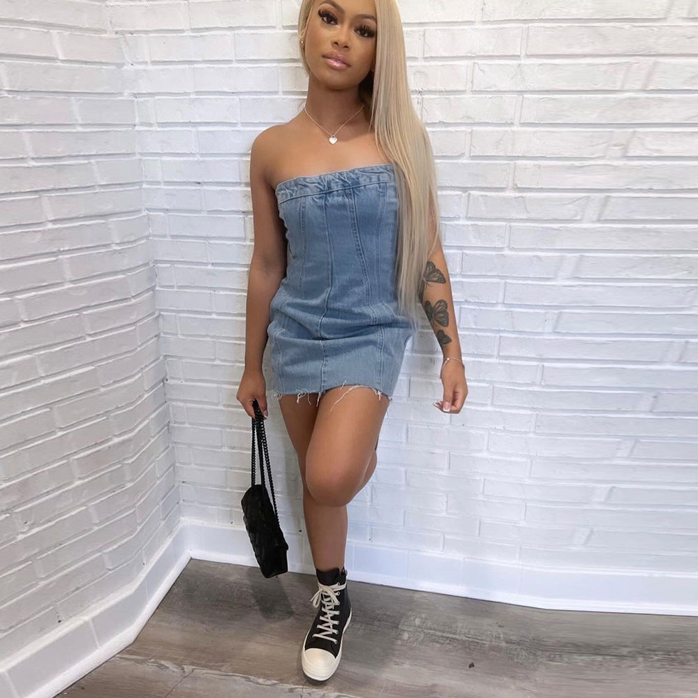 Elengatine Sexy Backless Denim Skirt, Washed breast-wrapped Dress for Women,Sleeveless Skirt For Spring&Summer, Zipper One-piece Collar Design Women Dress 9220DD