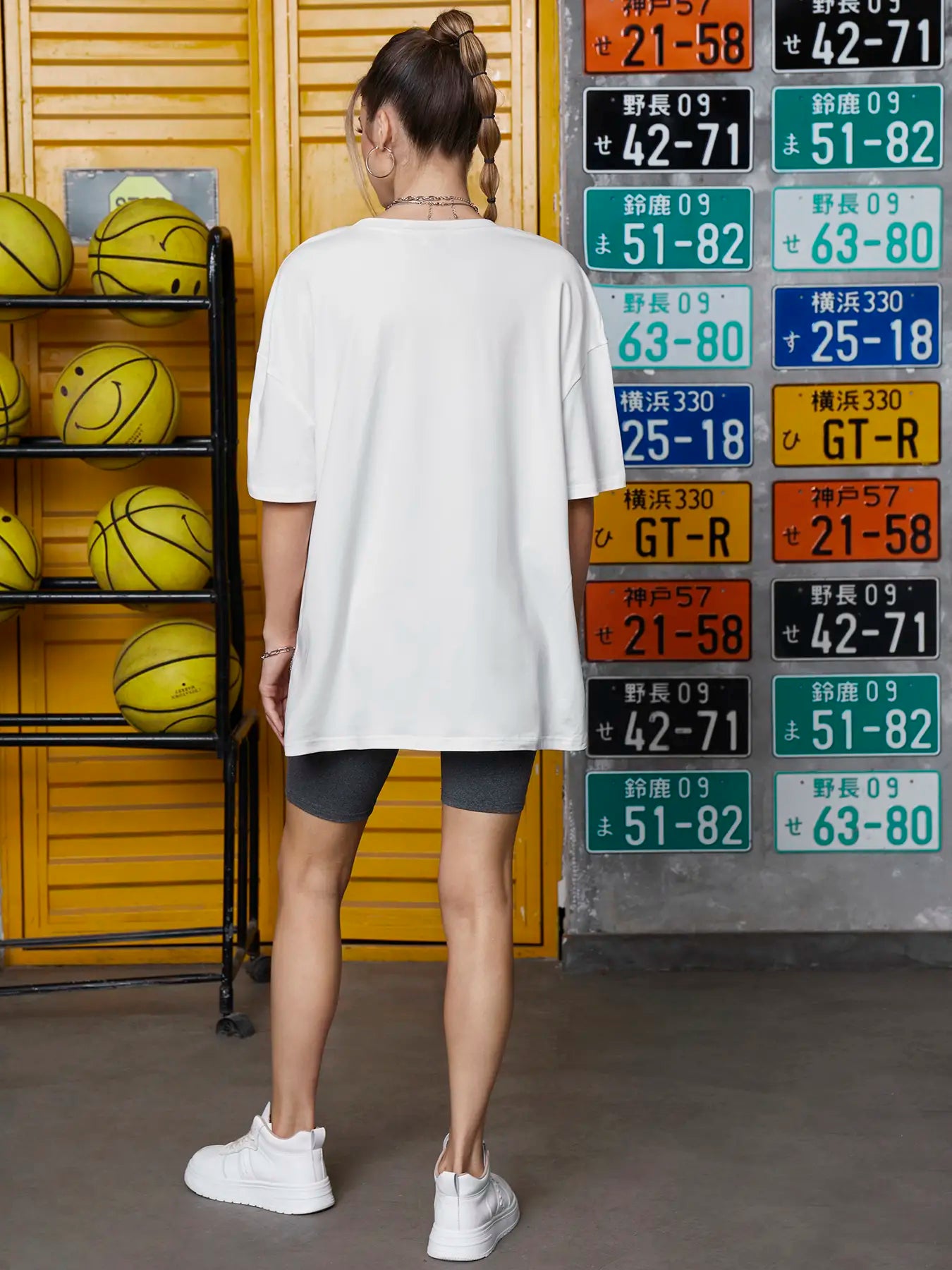 Elengatine Tape & Letter Graphic Printing Drop Shoulder Tee