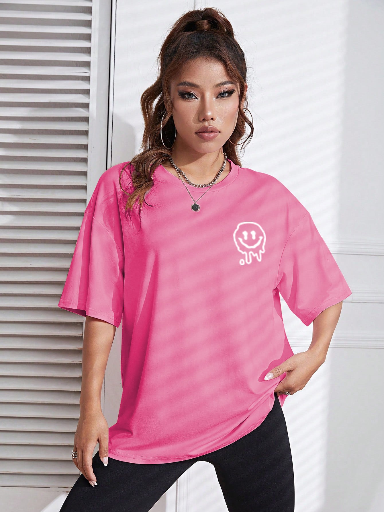 Elengatine Barbie Pink Smile Printing Oversized Drop Shoulder Tee