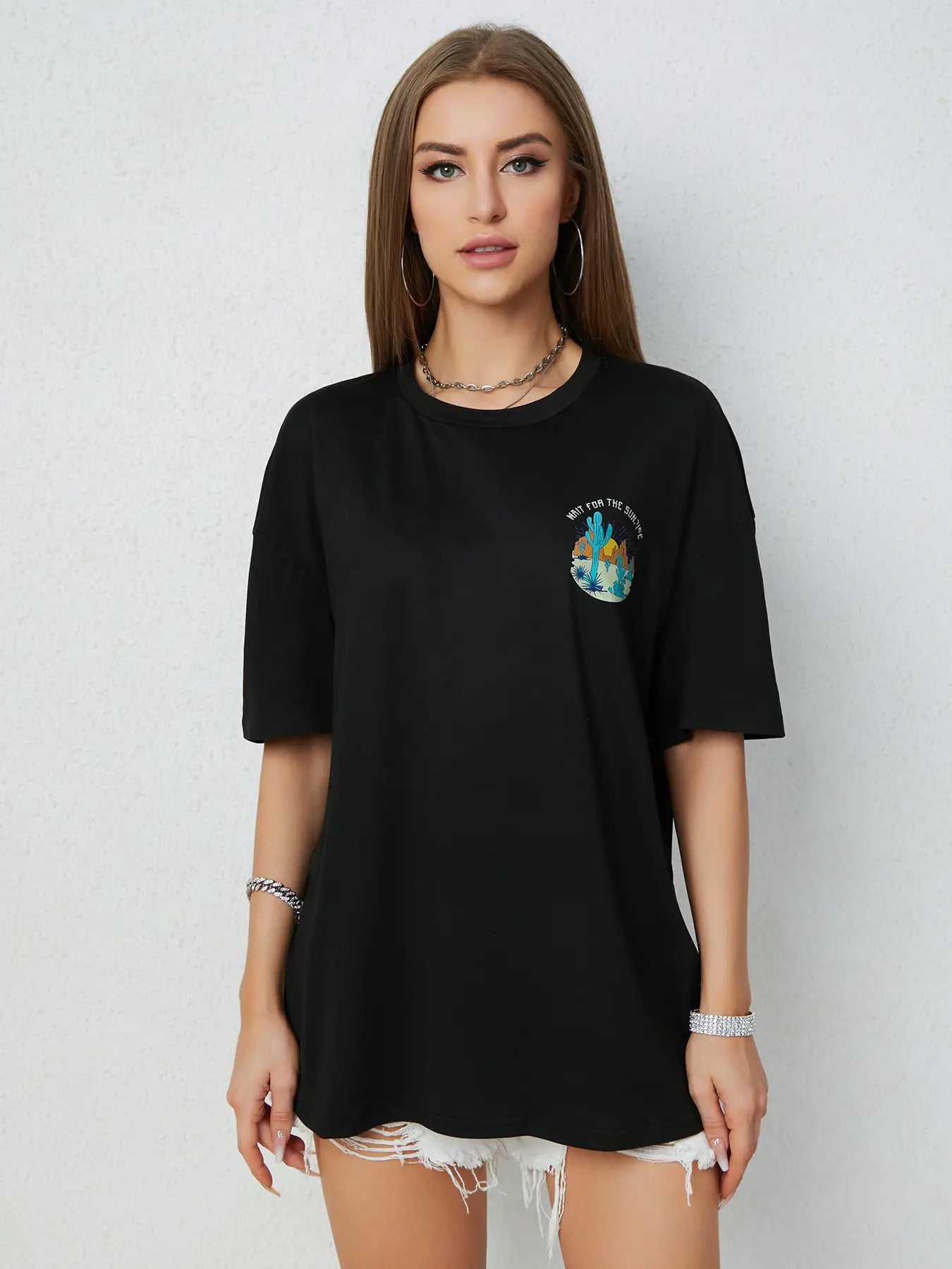 Elengatine Cactus & Letters Printing Oversized Drop Shoulder Tee