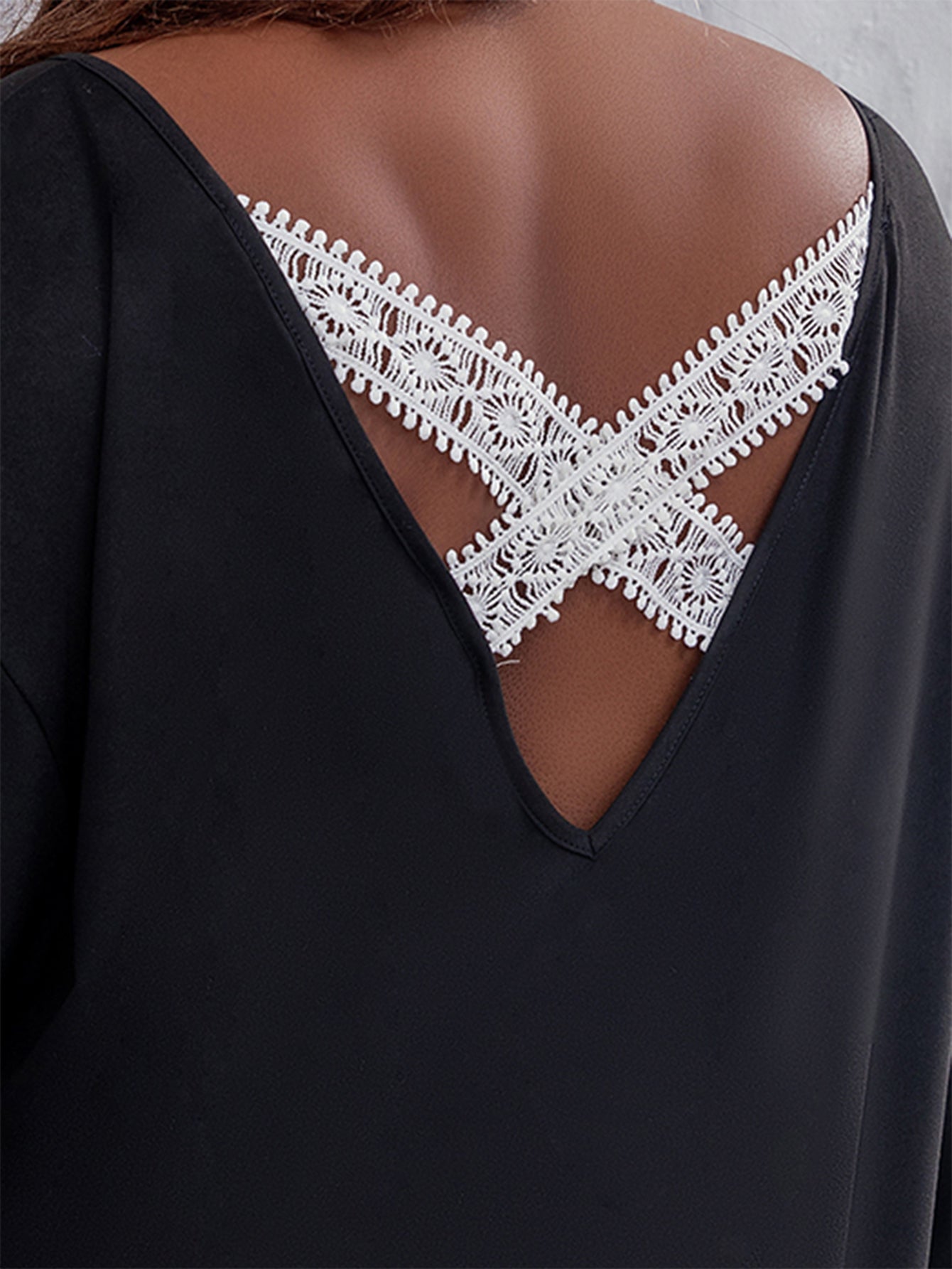 Elengatine Plus Solid V Neck Drop Shoulder Lace Back Top