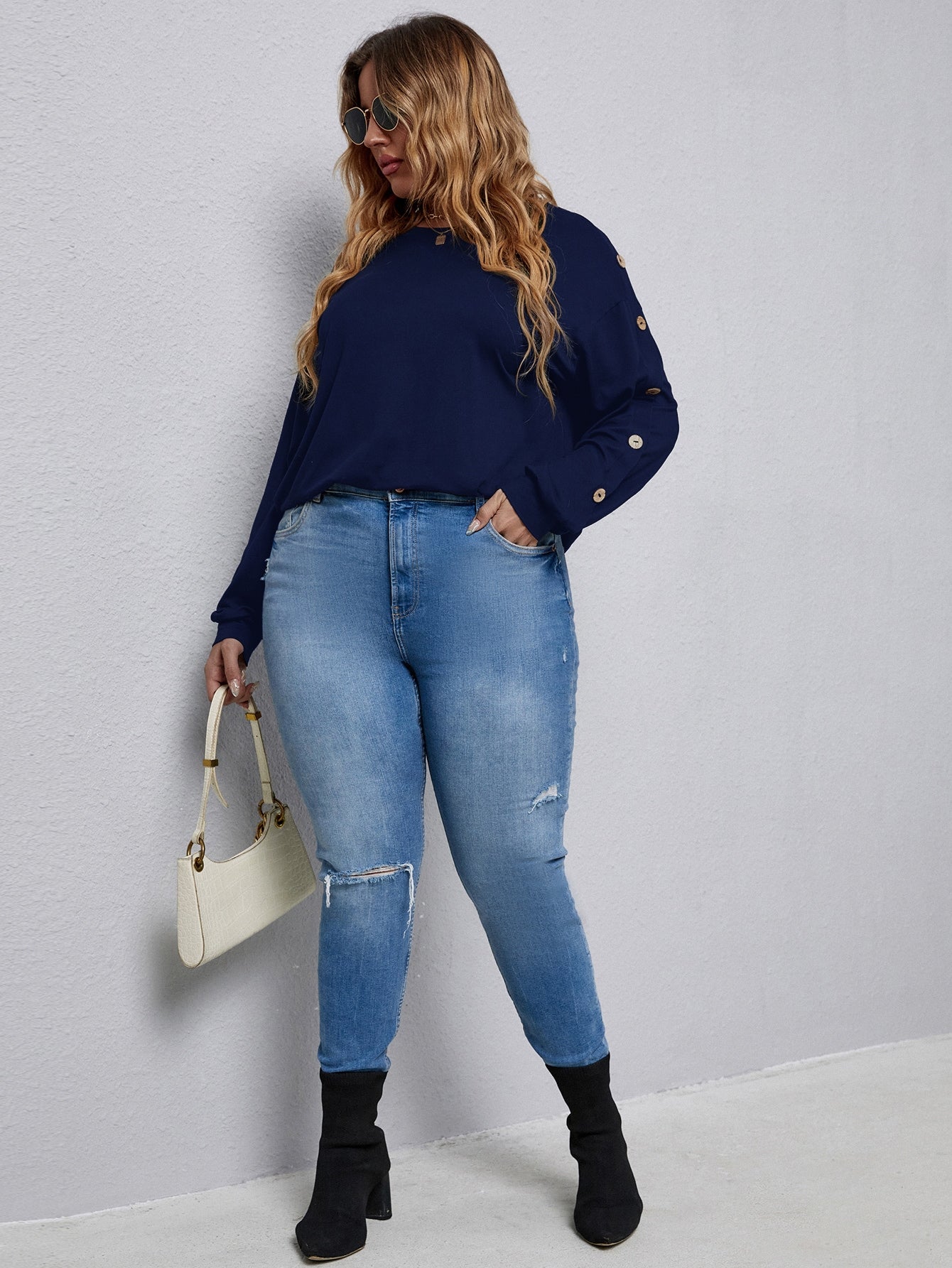 Elengatine Plus Solid Navy Blue Button Top