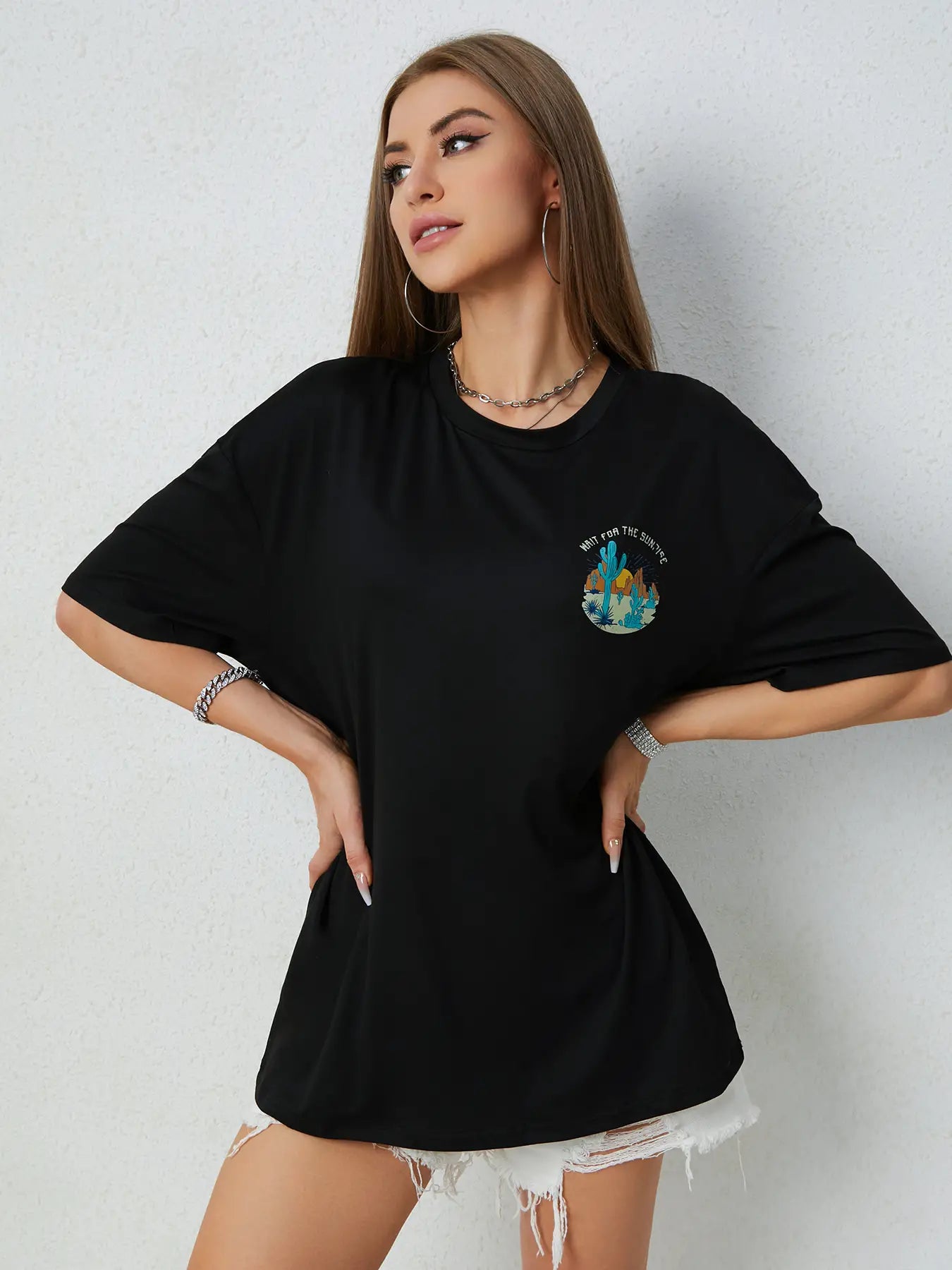 Elengatine Cactus & Letters Printing Oversized Drop Shoulder Tee