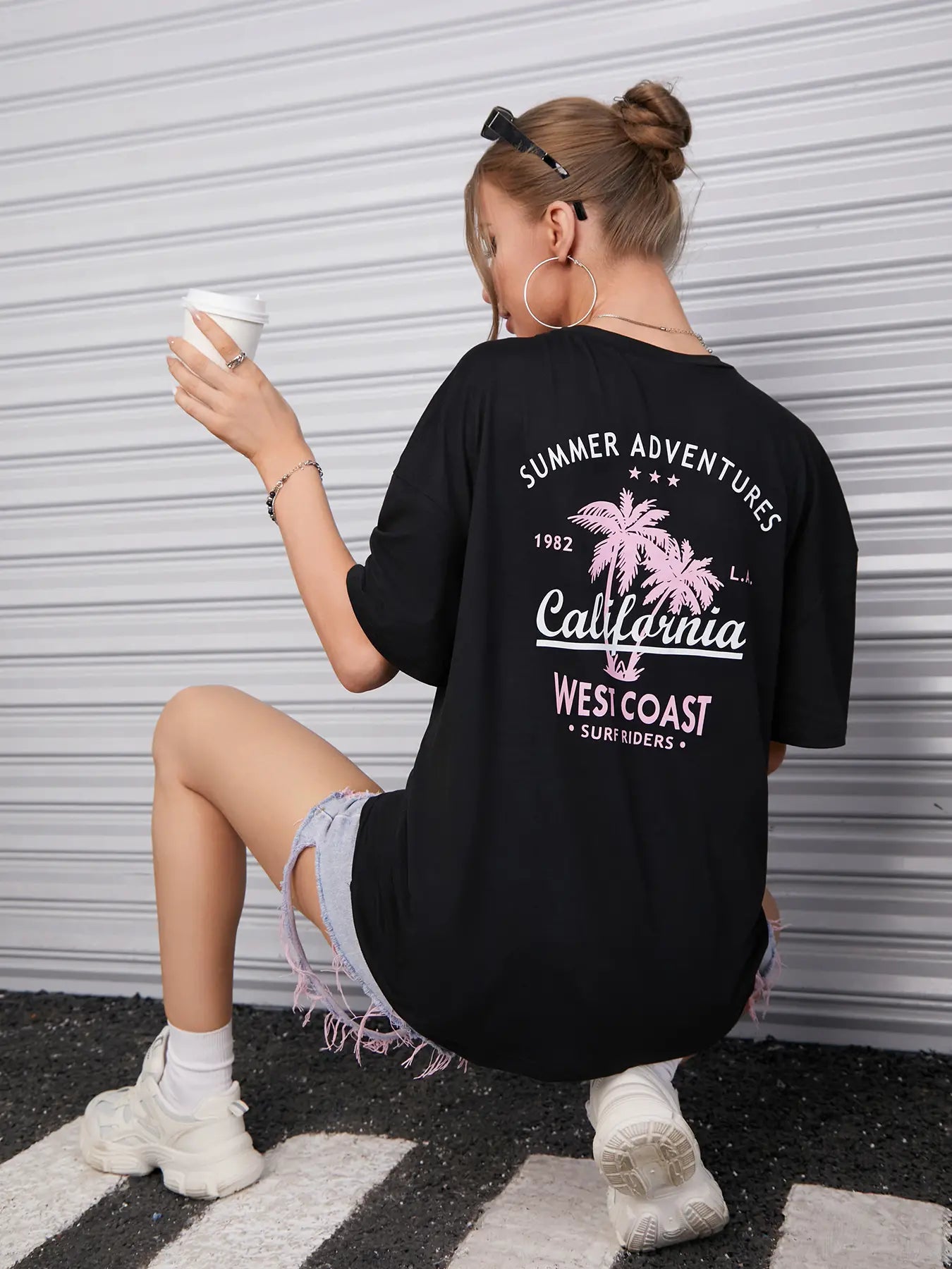 Elengatine Coconut Tree Graphic Printing Drop Shoulder Tee