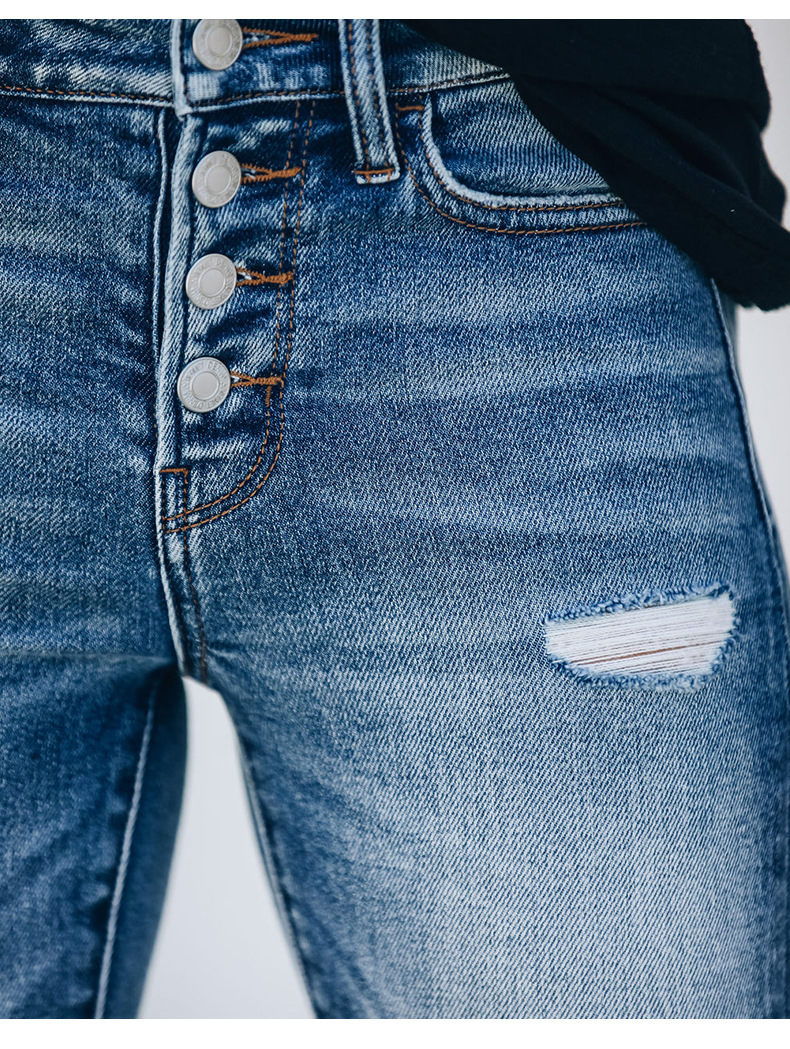 Elengatine Mid Waist Small Leg Button Design Jeans,Slim Fit Ripped High Stretch Denim Trousers for Women,Fashion Women's Jeans 1077#