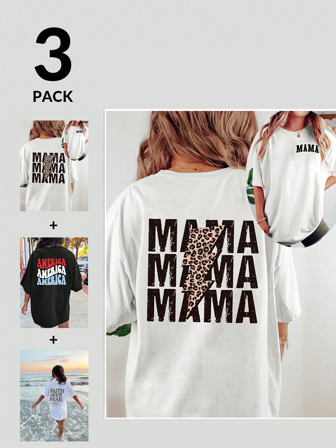 Elengatine 3 Pack Oversized T-shirt,Letter Print Short Sleeve Crew Neck Drop Shoulder Tee,Comfort Causal Loose Graphic T-shirt For Summer,Daily Summer Tops for Hot Girls LB0039-361364365