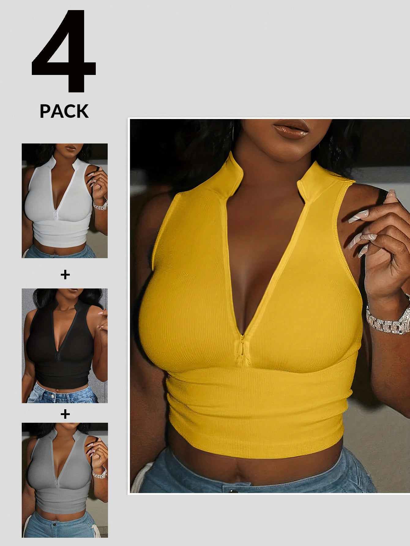 Elengatine 4 Pack Solid V Neck Sleeveless Vest,Sexy Comfy Top for Hot Girls,Spring Summer Basic Fashion Outfit,Short Top for Party Holiday BXD0023