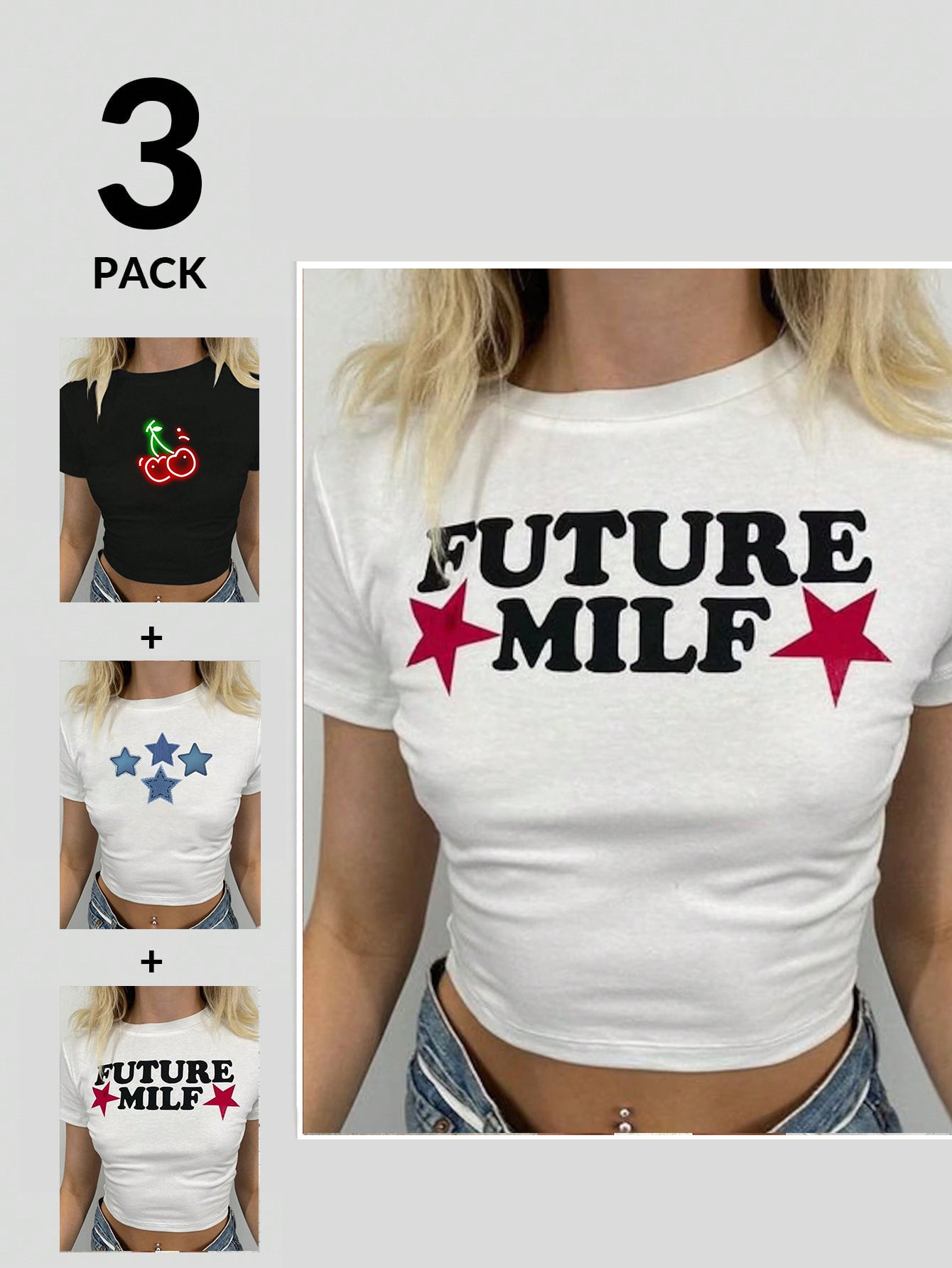 Elengatine 3 Pack Letter Graphic Printing T-shirt,Summer Short T-shirt Hot Girl Outfit,Daily Essential Basics Women's Outfit BXD0029