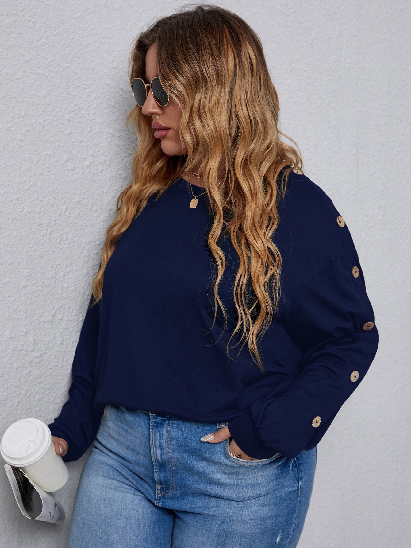 Elengatine Plus Solid Navy Blue Button Top