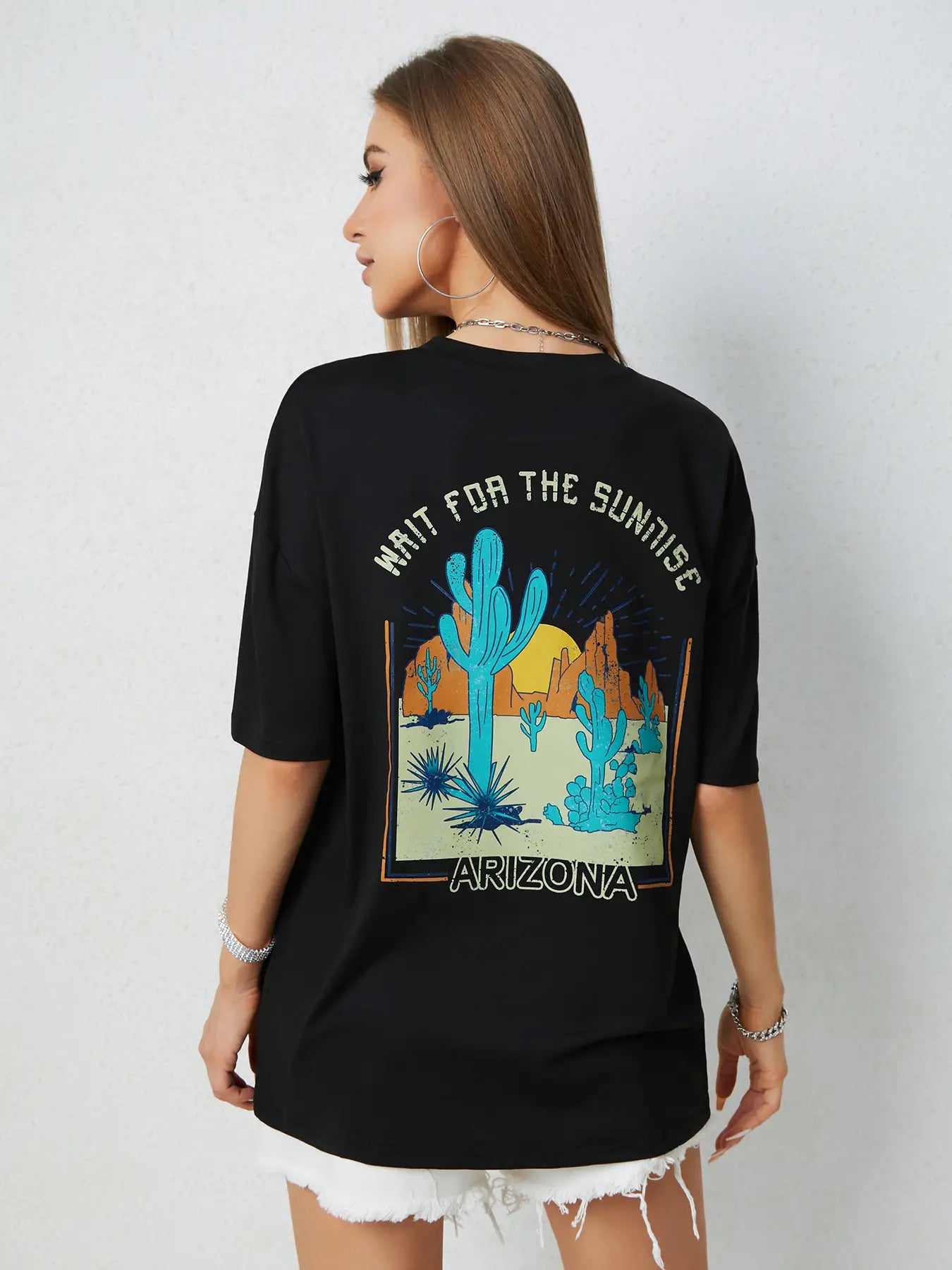 Elengatine Cactus & Letters Printing Oversized Drop Shoulder Tee