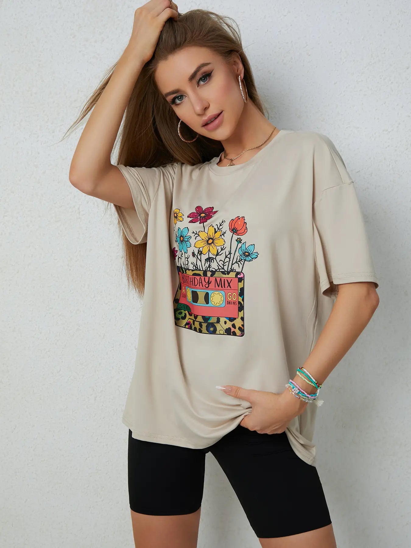 Elengatine Followers Graphic Printing Drop Shoulder Tee Causal