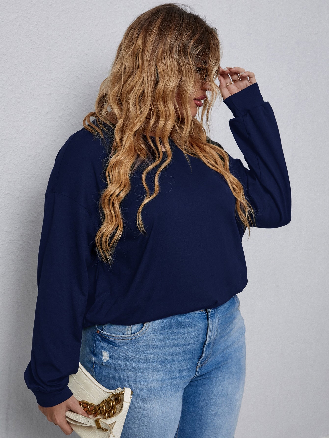 Elengatine Plus Solid Navy Blue Button Top