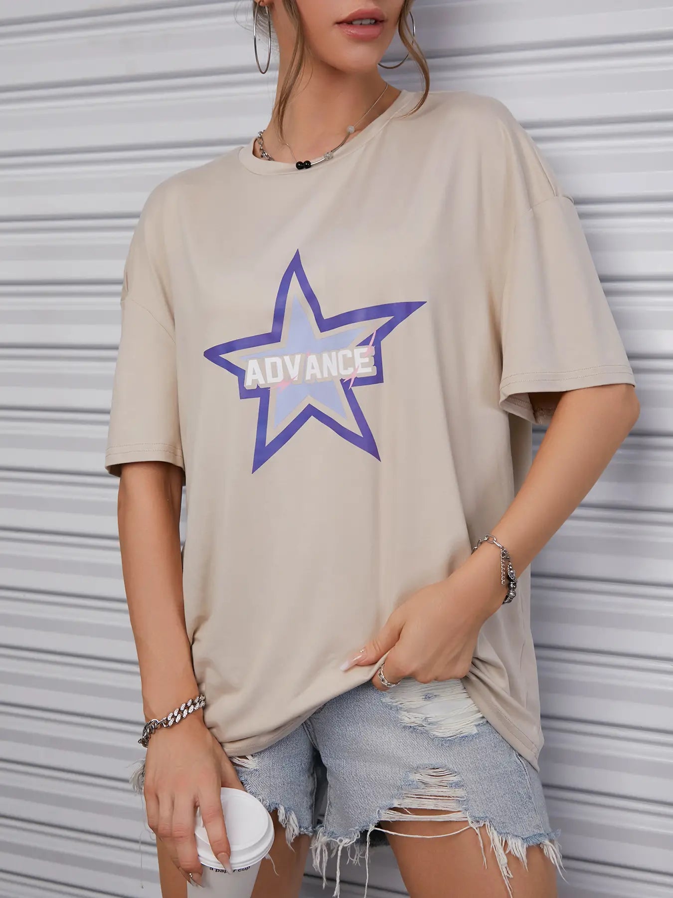 Elengatine Srar & Letter Graphic Printing Drop Shoulder Tee