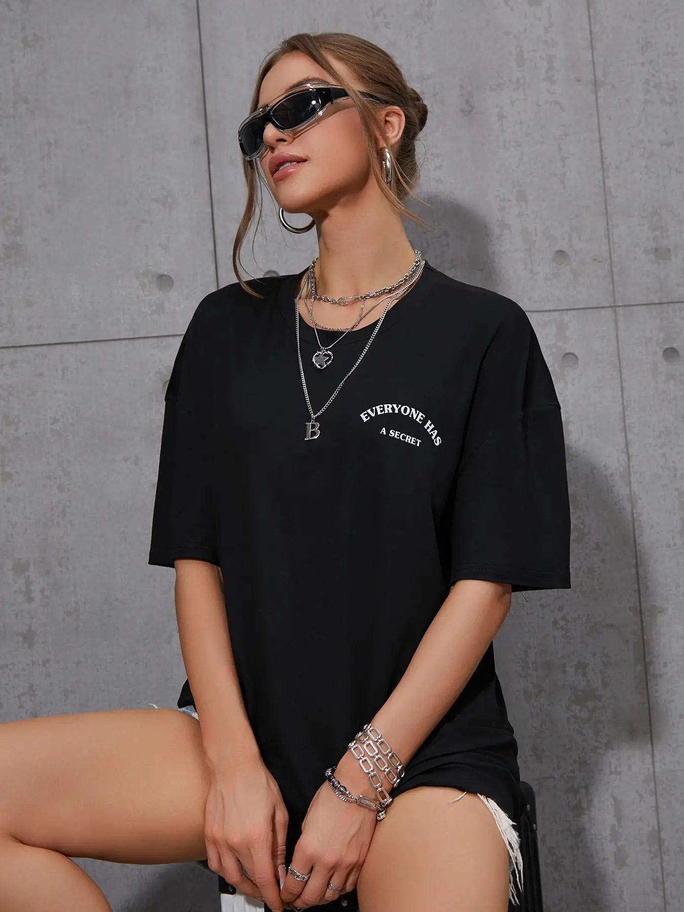 Elengatine Letters Printing Oversized Drop Shoulder Tee