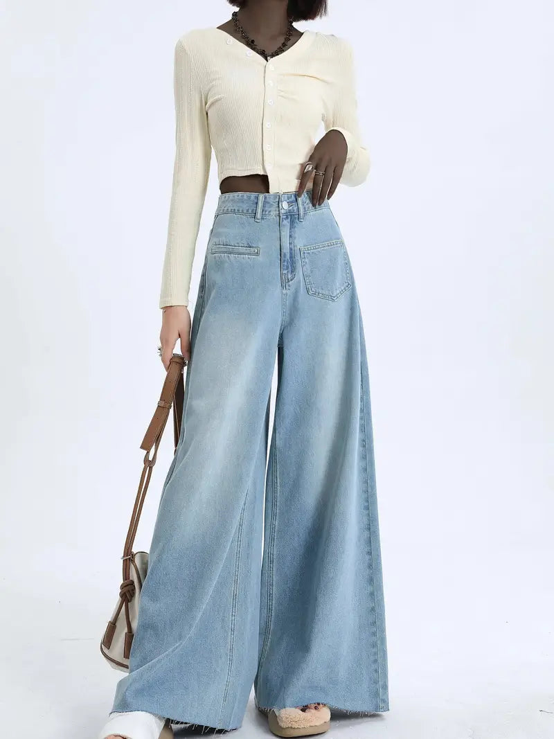 Elengatine Causal Blue Wide Leg Jeans for Women BXD0041