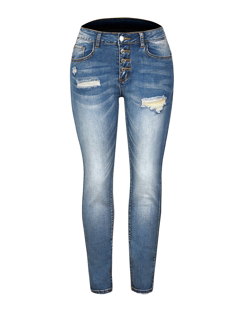 Elengatine Mid Waist Small Leg Button Design Jeans,Slim Fit Ripped High Stretch Denim Trousers for Women,Fashion Women's Jeans 1077#