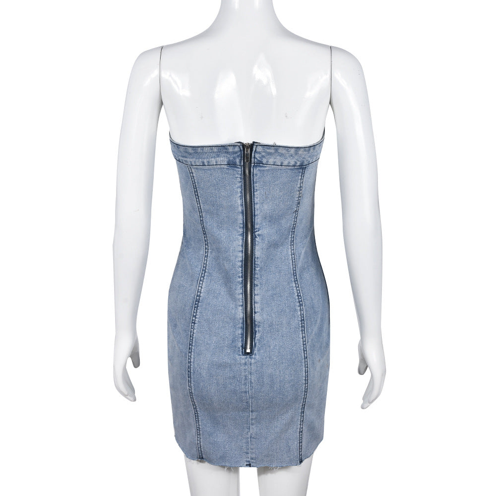 Elengatine Sexy Backless Denim Skirt, Washed breast-wrapped Dress for Women,Sleeveless Skirt For Spring&Summer, Zipper One-piece Collar Design Women Dress 9220DD