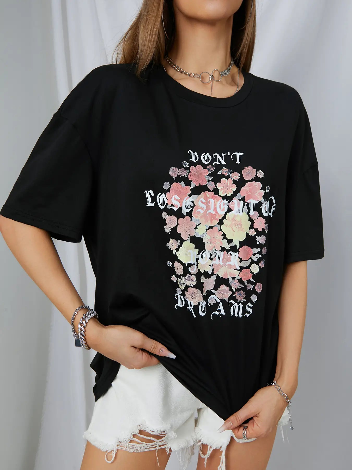 Elengatine Lovely Followers Graphic Printing Drop Shoulder Tee