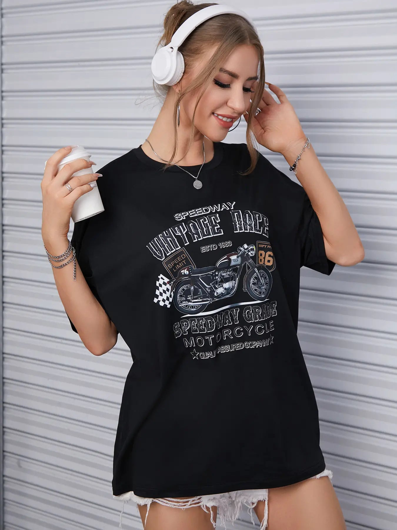 Elengatine Motor & Letters Graphic Printing Drop Shoulder Tee