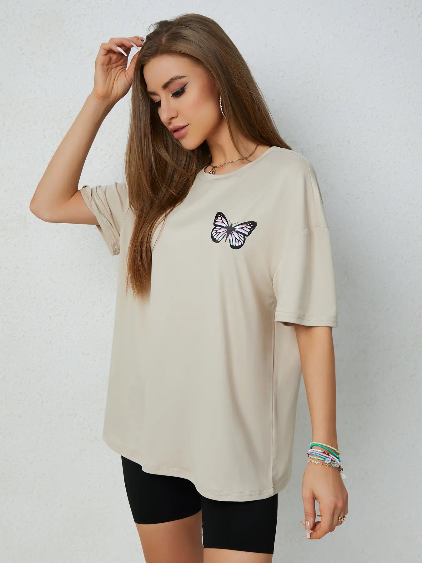 Elengatine Butterfly Printing Causal Drop Shoulder Tee