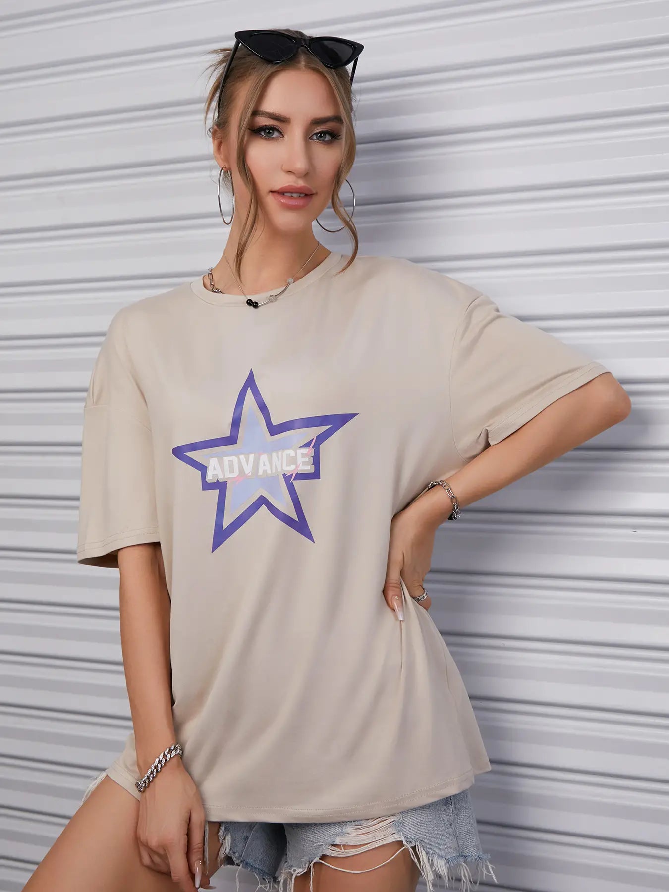Elengatine Srar & Letter Graphic Printing Drop Shoulder Tee
