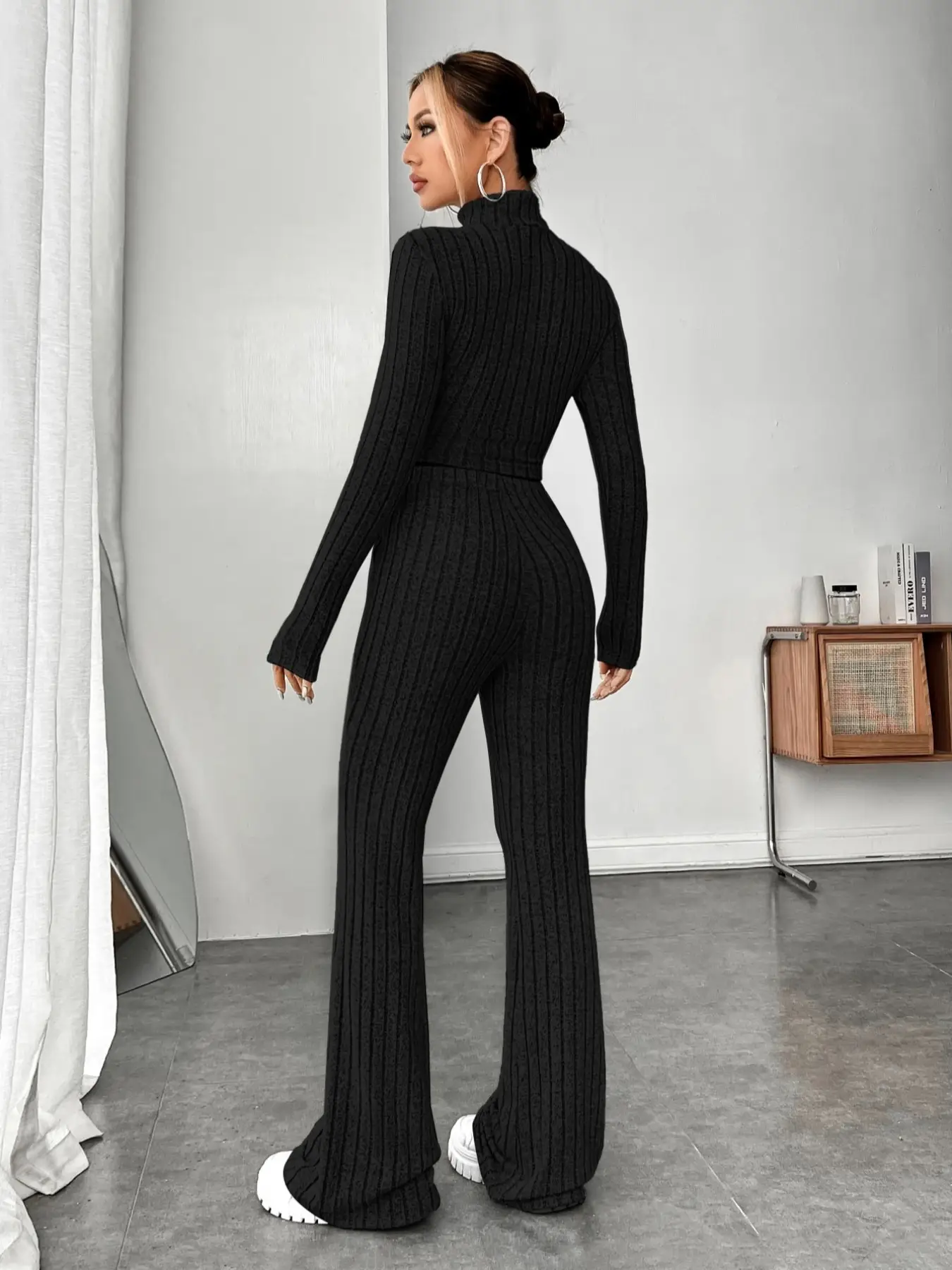 Elengatine 2pcs Daily Fashion Outfits Set Solid Long Sleeve Tee & Tummy Control Leggings Comfort