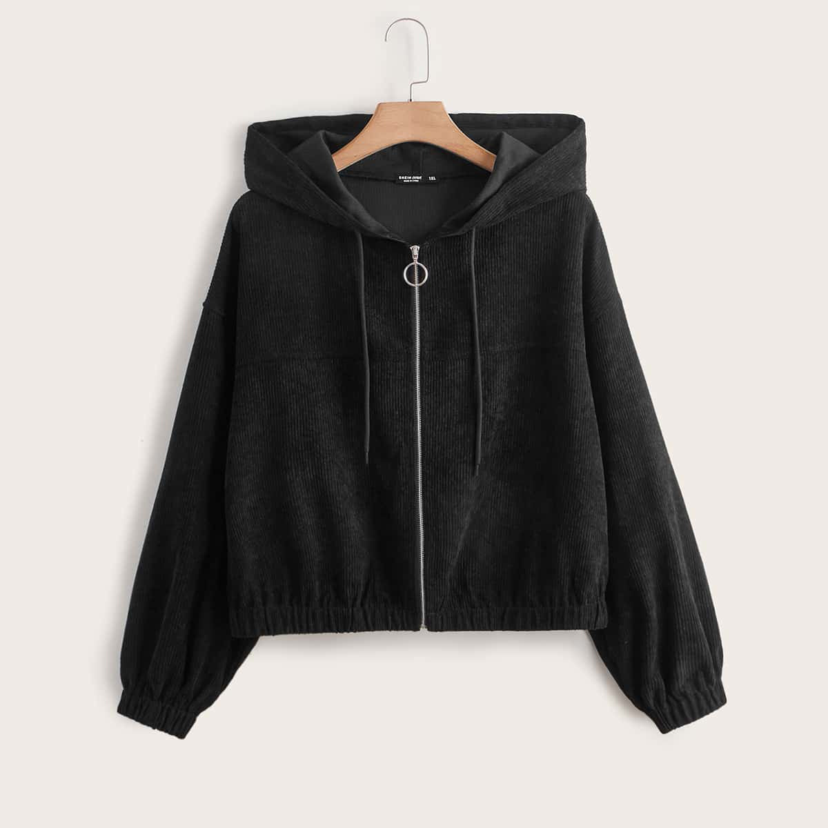 Elengatine Plus Causal Drop Shoulder Zip Up Hooded Corduroy Jacket