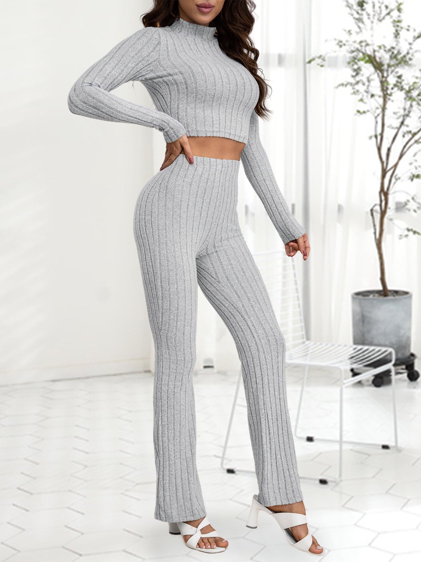 Elengatine 2pcs Daily Fashion Outfits Set Solid Long Sleeve Tee & Tummy Control Leggings Comfort