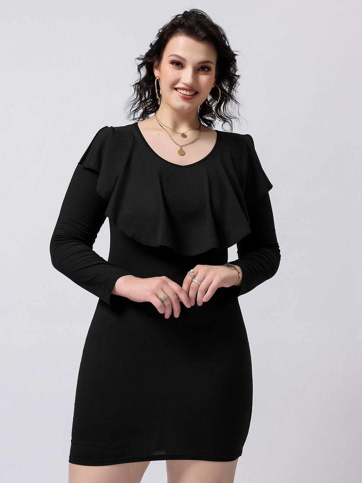 Elengatine Plus Ruffle Neckline Bodycon Dress