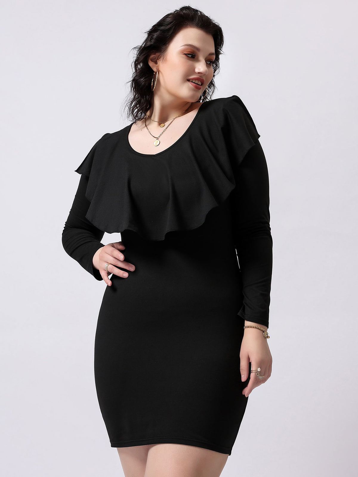 Elengatine Plus Ruffle Neckline Bodycon Dress