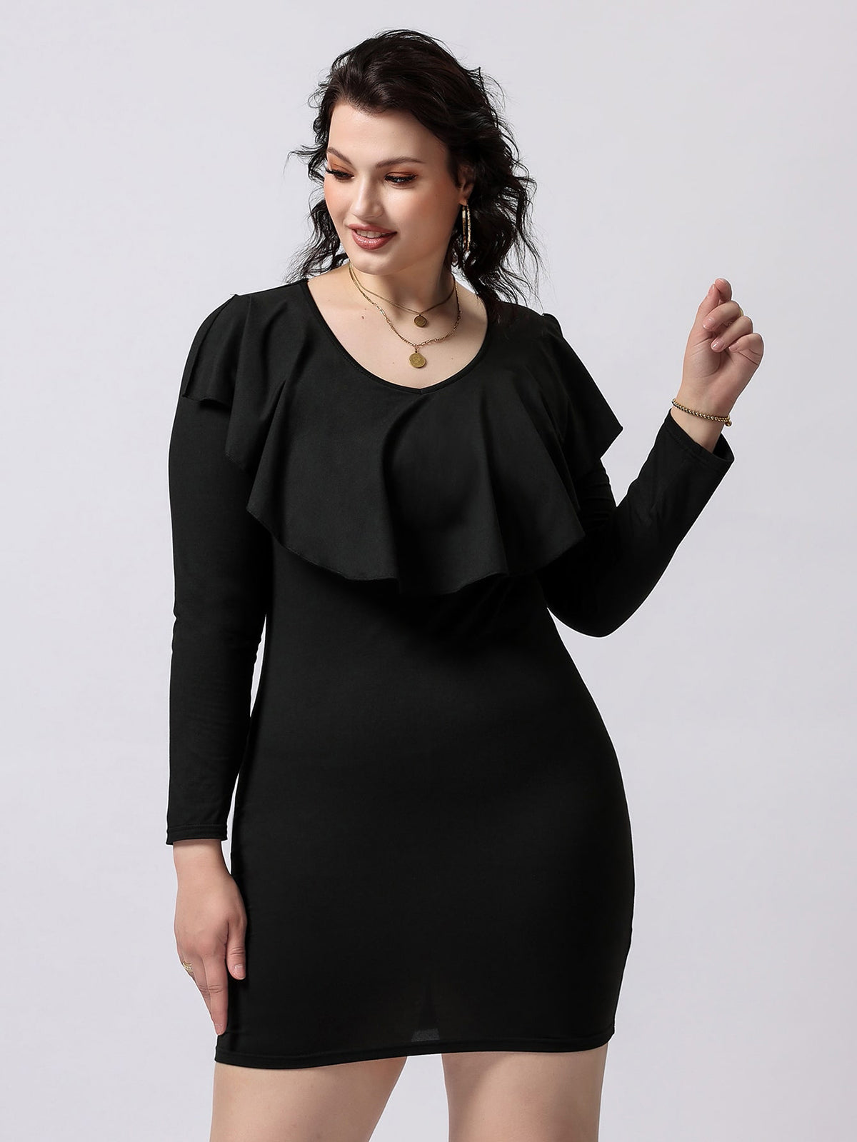 Elengatine Plus Ruffle Neckline Bodycon Dress