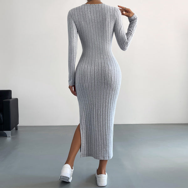 Elengatine Women Causal Long-Sleeved Dress Grey Cozy Fashion