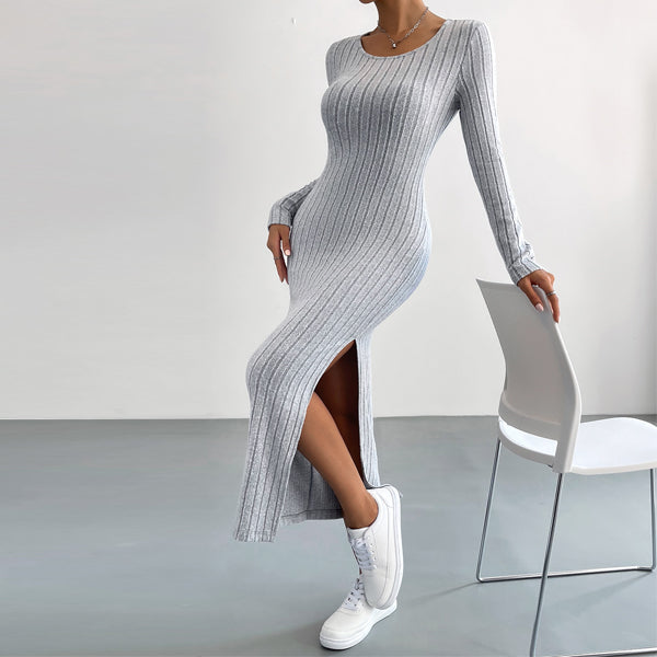 Elengatine Women Causal Long-Sleeved Dress Grey Cozy Fashion