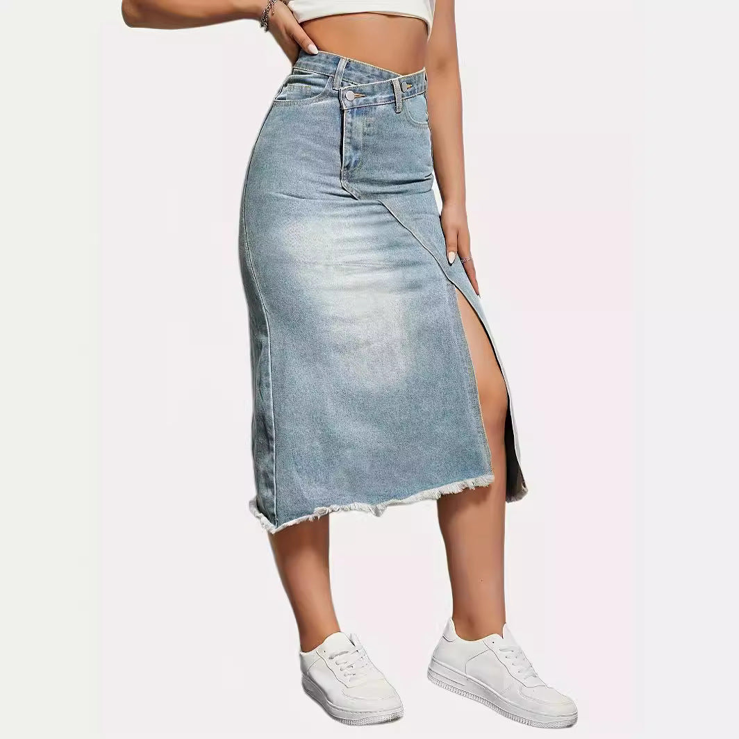 Elengatine Vintage Denim Skirt,Women's Fashionable Slit Stitching Mid-length A-line Skirt,Women's Skirt D2644#A4-2