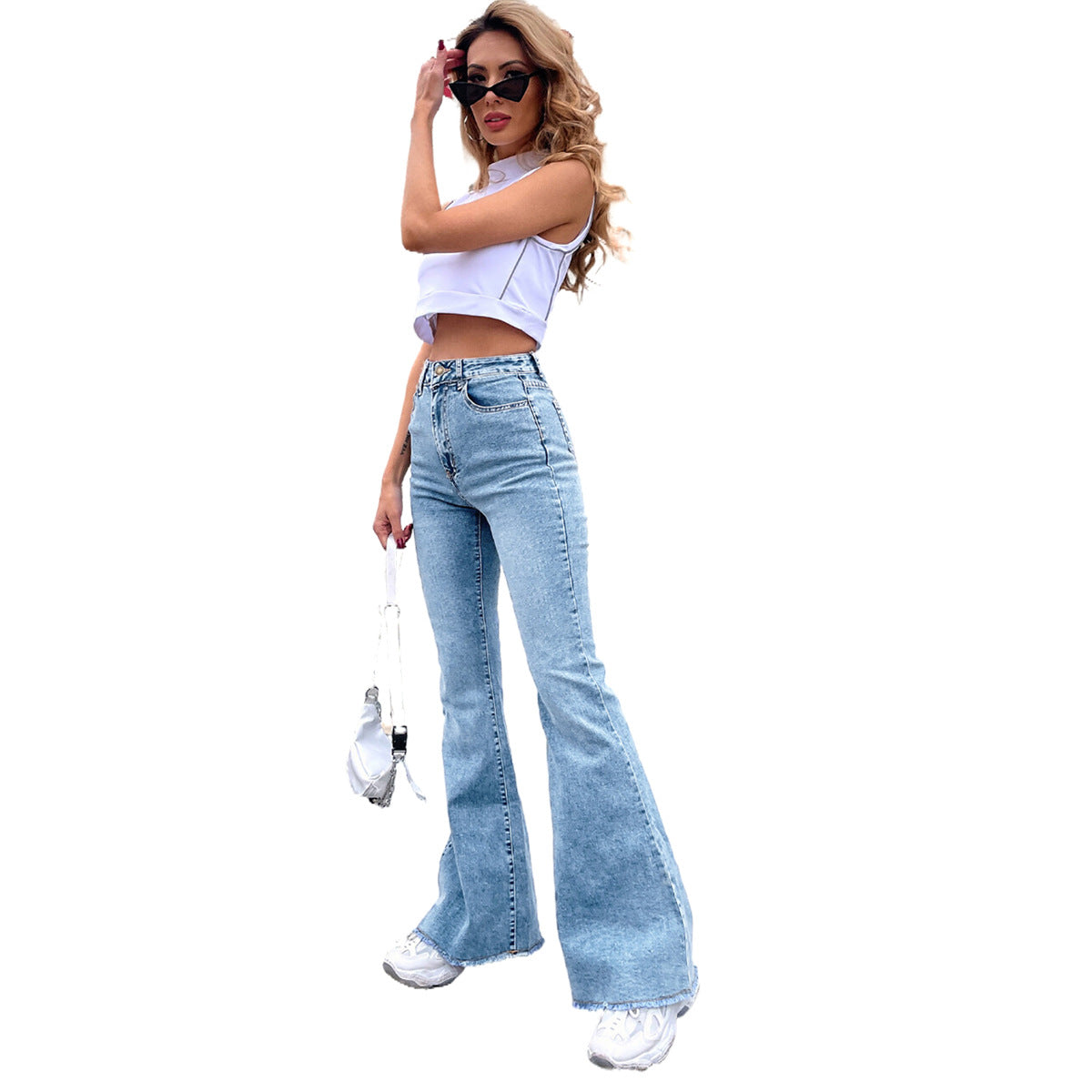 Elengatine High-waisted Wide-leg Jeans for Women,High Elastic Slimming Spliced Denim Women Jeans,New Style Large Bell-bottom Pants 30539