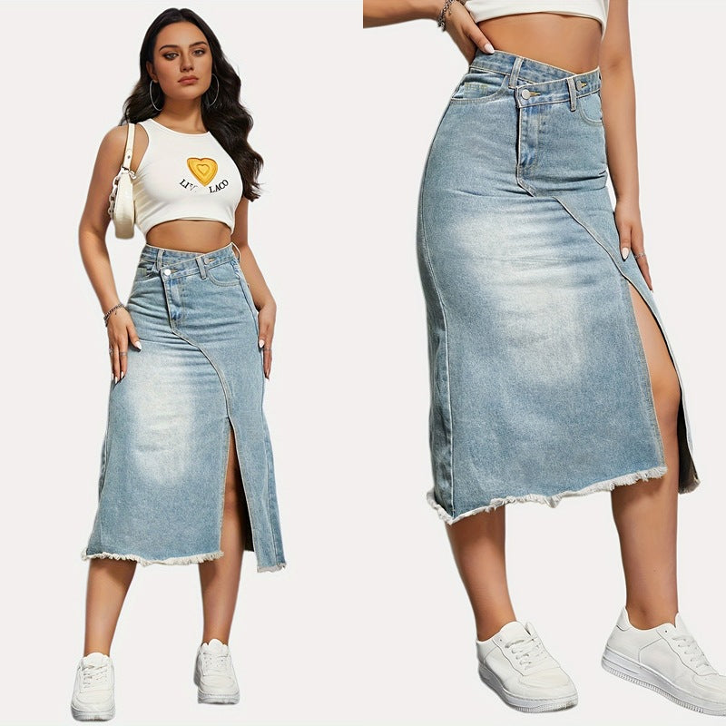 Elengatine Vintage Denim Skirt,Women's Fashionable Slit Stitching Mid-length A-line Skirt,Women's Skirt D2644#A4-2