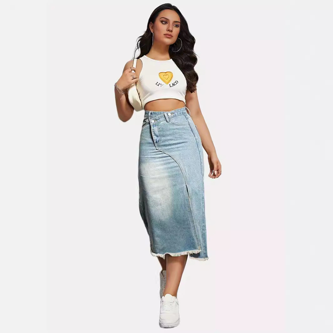 Elengatine Vintage Denim Skirt,Women's Fashionable Slit Stitching Mid-length A-line Skirt,Women's Skirt D2644#A4-2