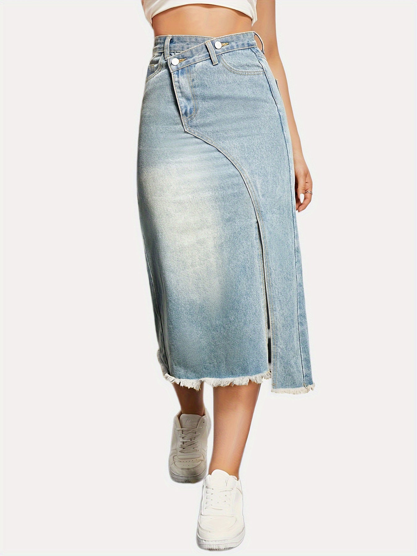 Elengatine Vintage Denim Skirt,Women's Fashionable Slit Stitching Mid-length A-line Skirt,Women's Skirt D2644#A4-2