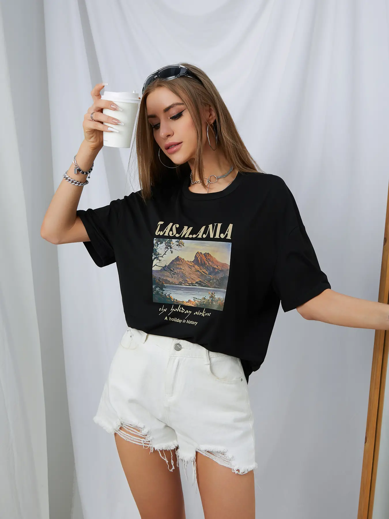 Elengatine landscape painting Letter Graphic Drop Shoulder Tee