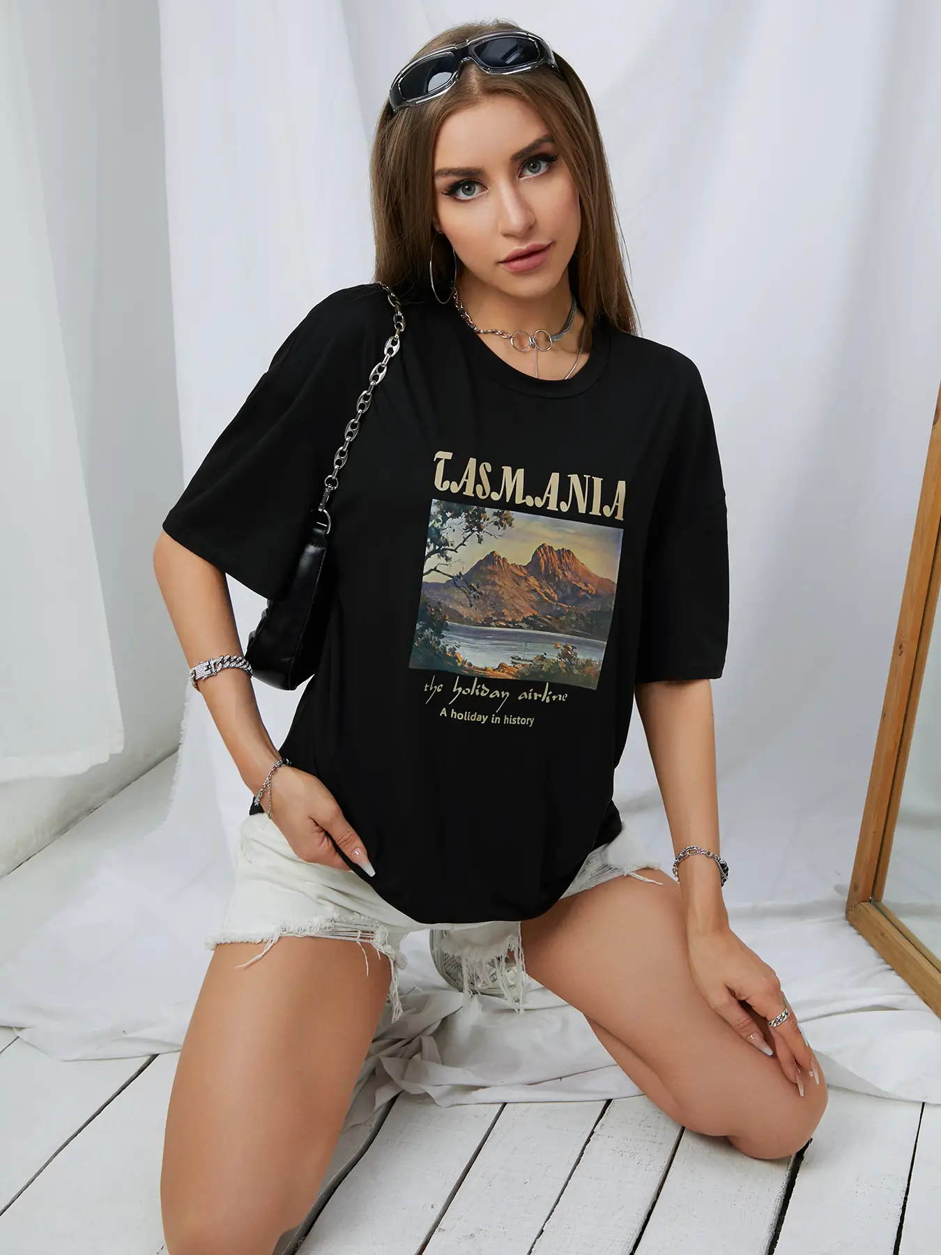 Elengatine landscape painting Letter Graphic Drop Shoulder Tee