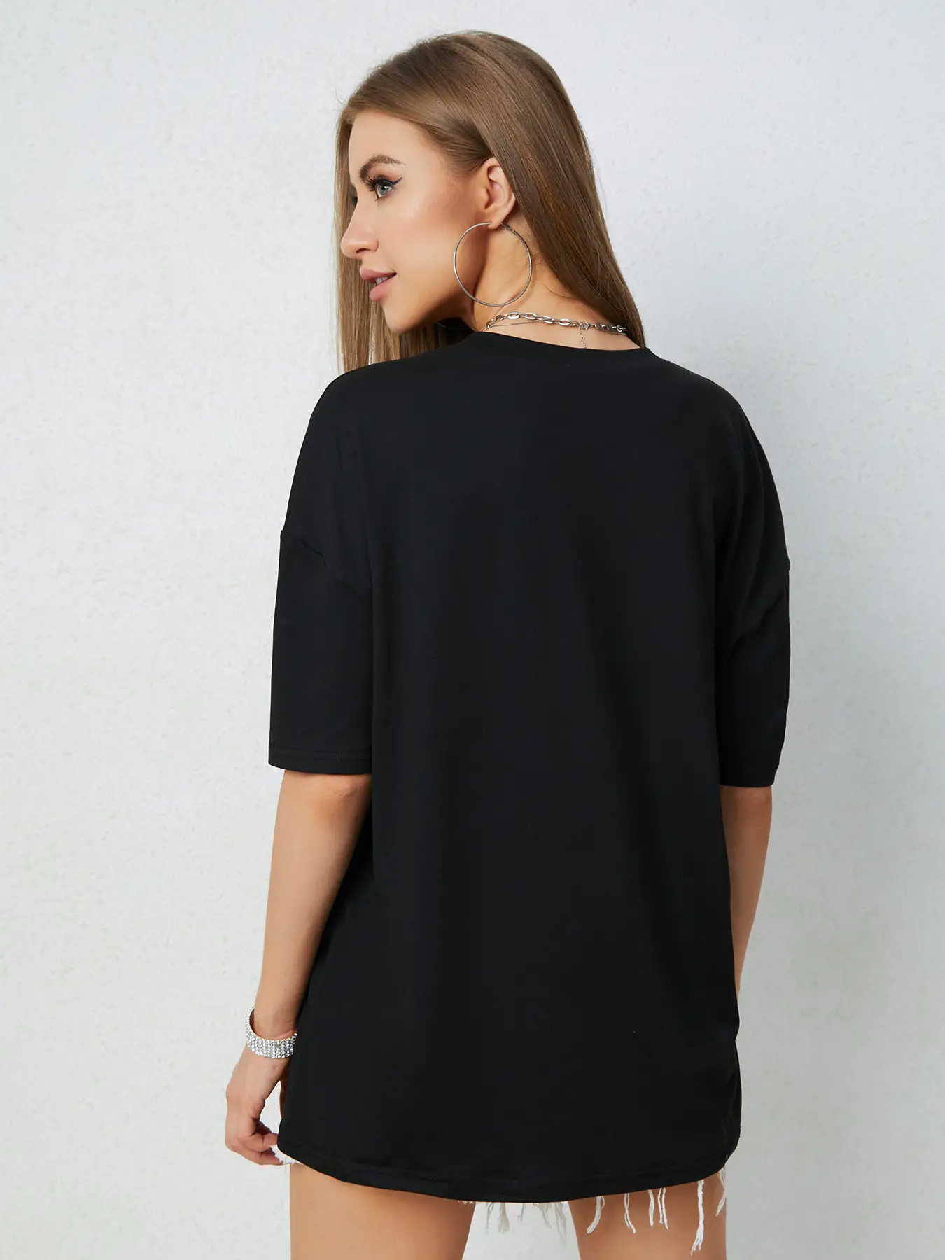 Elengatine Casual Black Drop Shoulder Letter Graphic Tee