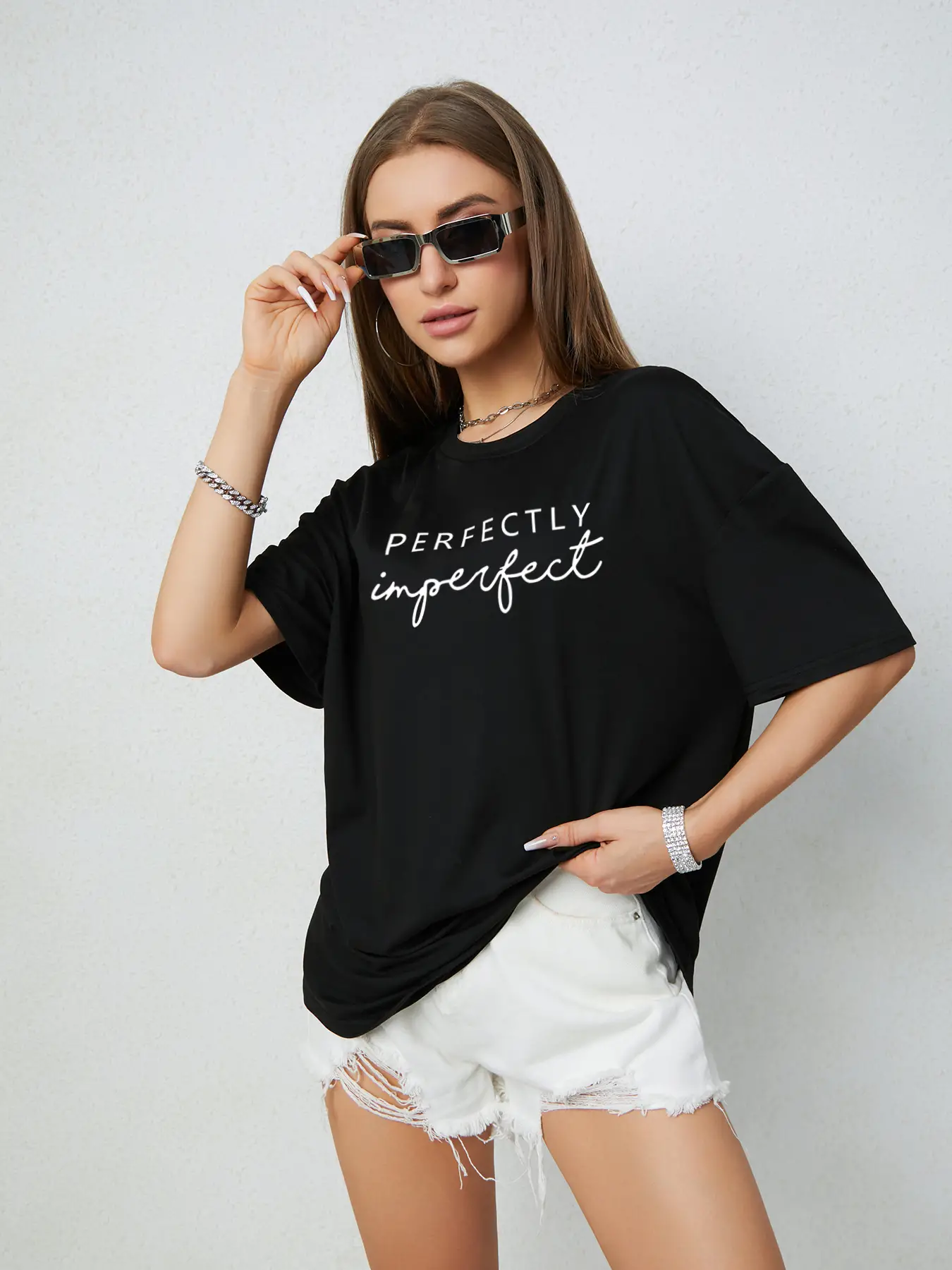 Elengatine Casual Black Drop Shoulder Letter Graphic Tee