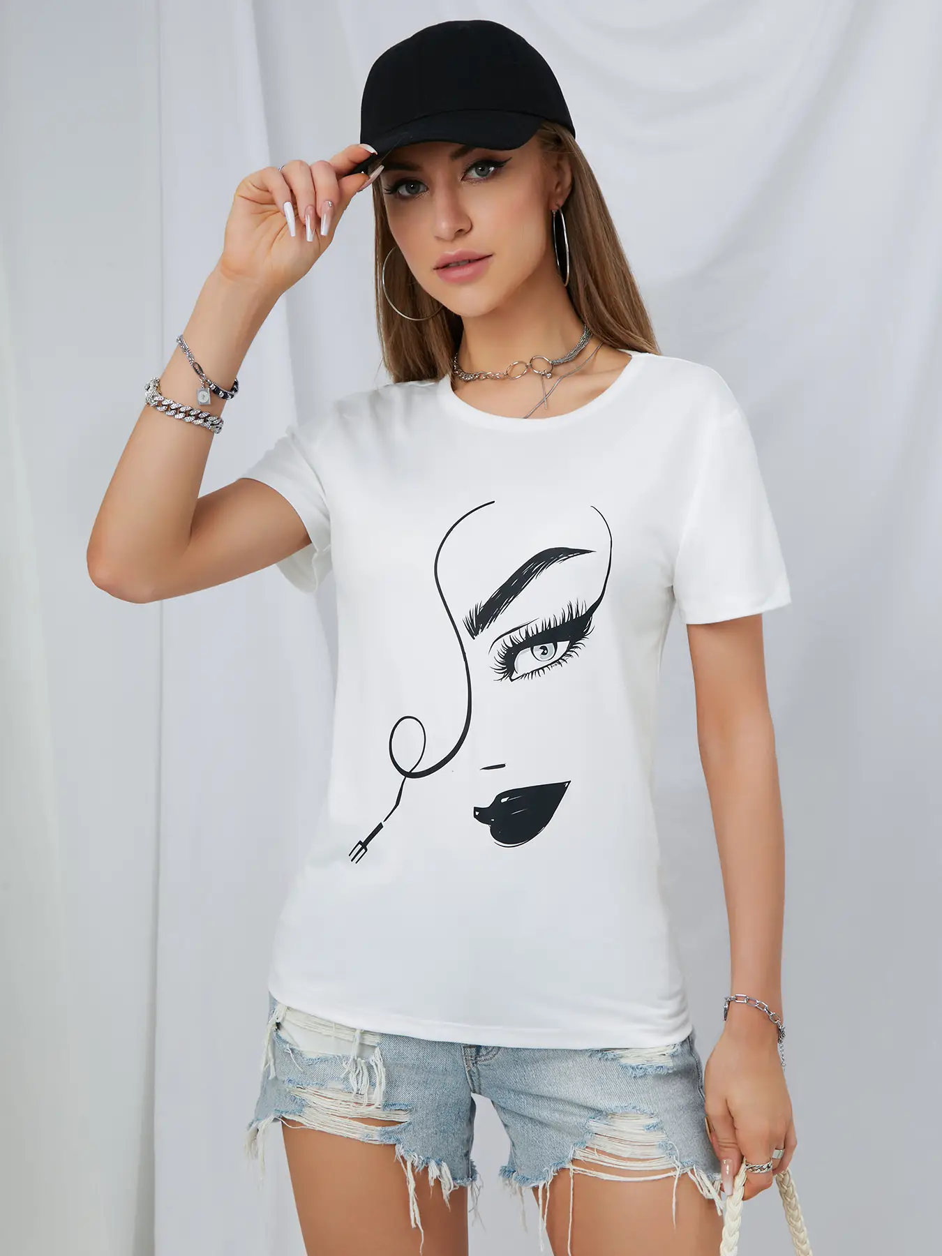 Elengatine Drop Shoulder Beautiful Women Face Tee