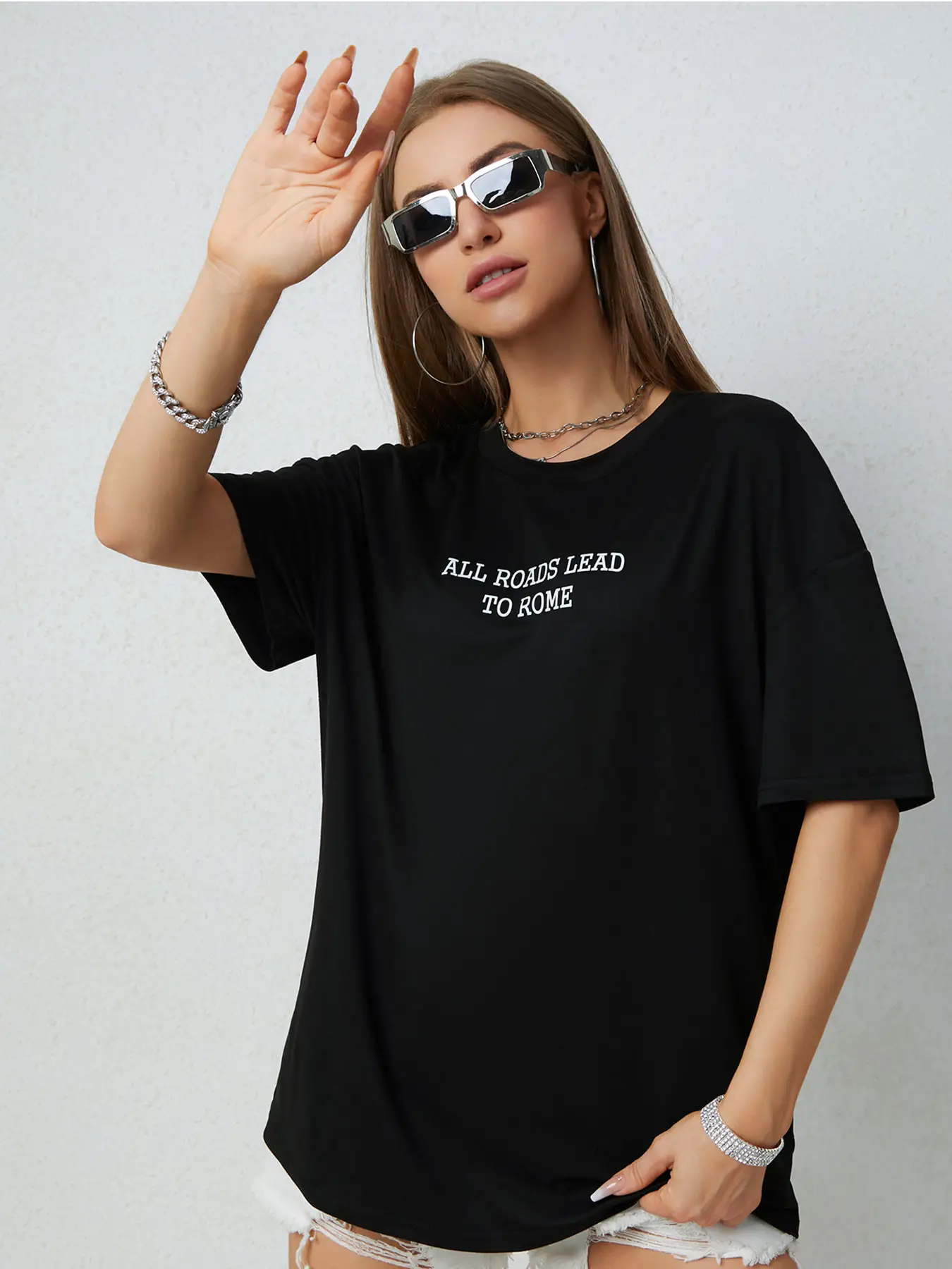 Elengatine cool proverb Letter Graphic Drop Shoulder Tee