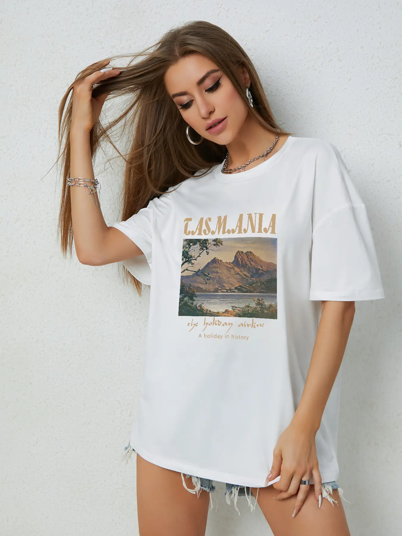Elengatine landscape painting Letter Graphic Drop Shoulder Tee