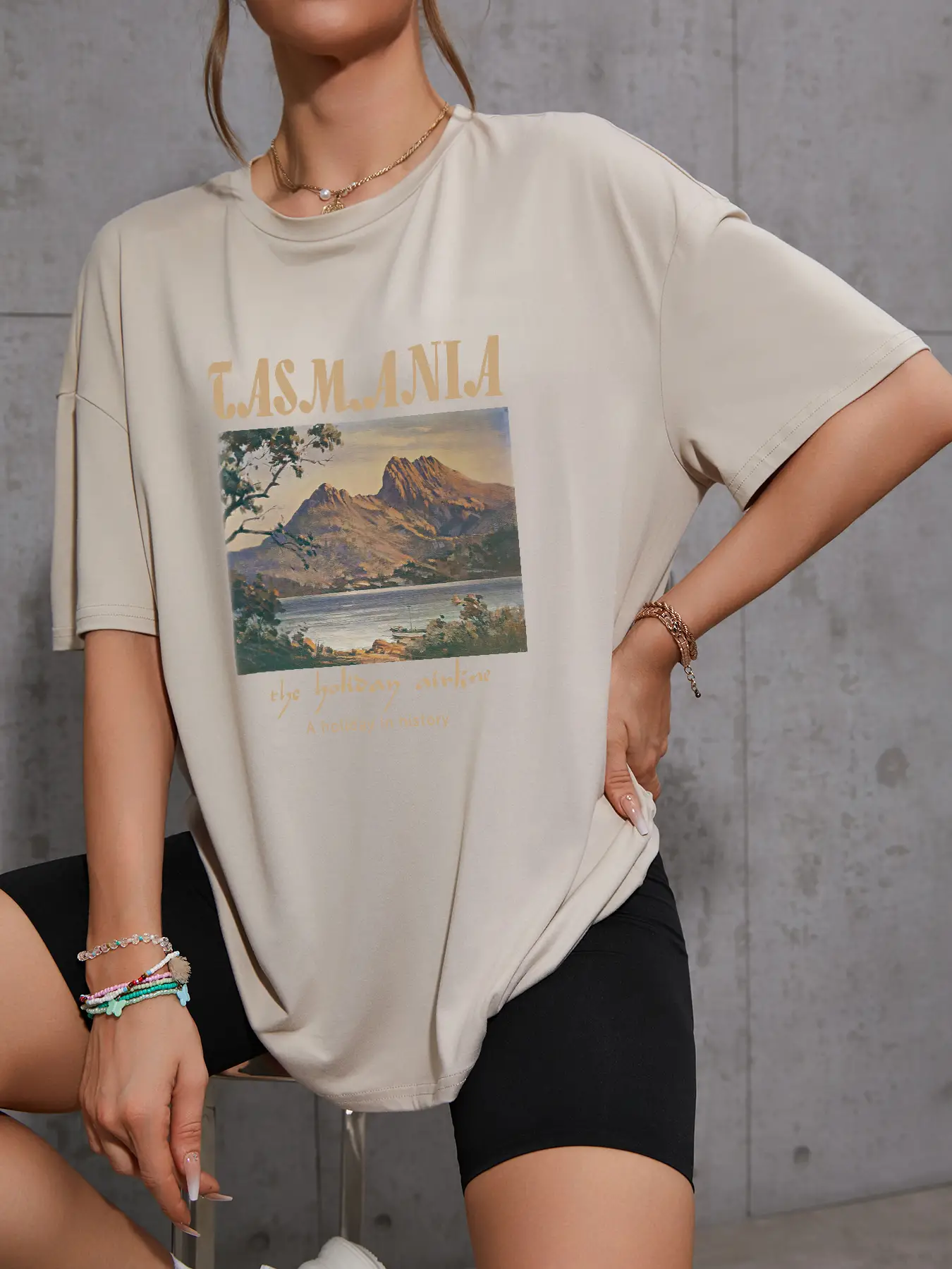 Elengatine landscape painting Letter Graphic Drop Shoulder Tee