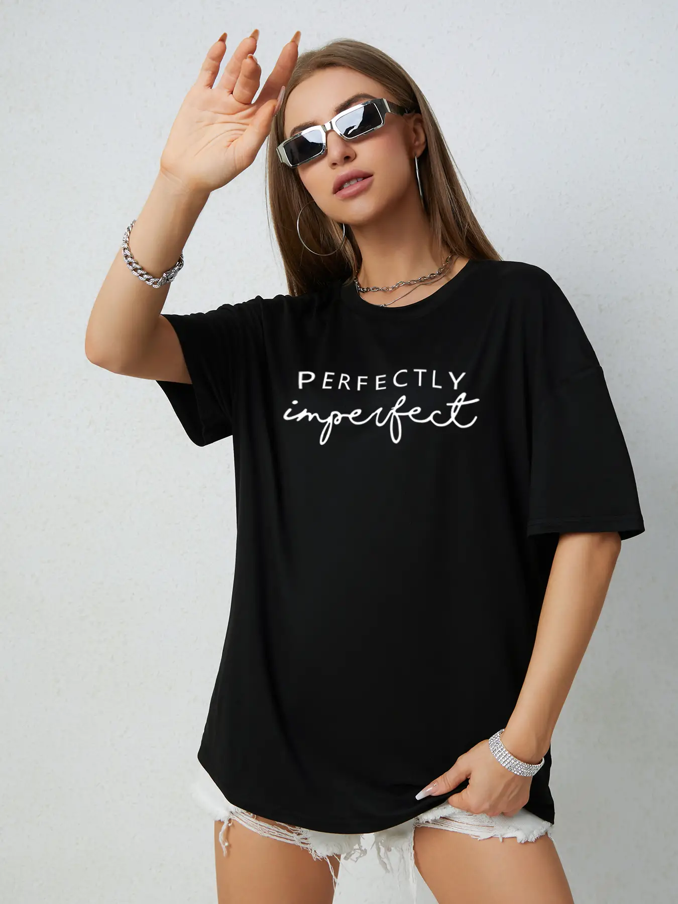 Elengatine Casual Black Drop Shoulder Letter Graphic Tee